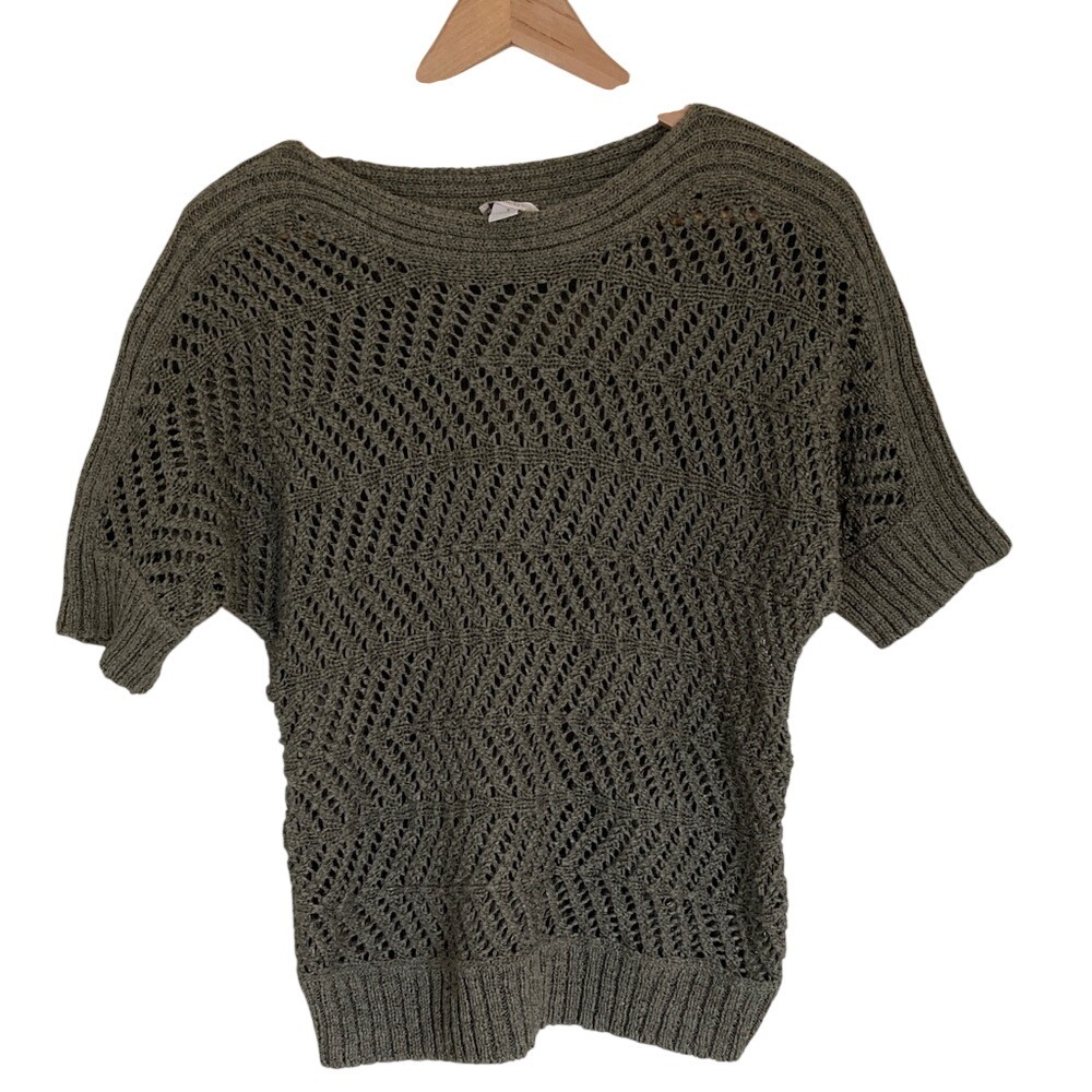 Chicos Womens Olive Green Open-Knit Short Sleeve Sweater Size‎ Medium Classic